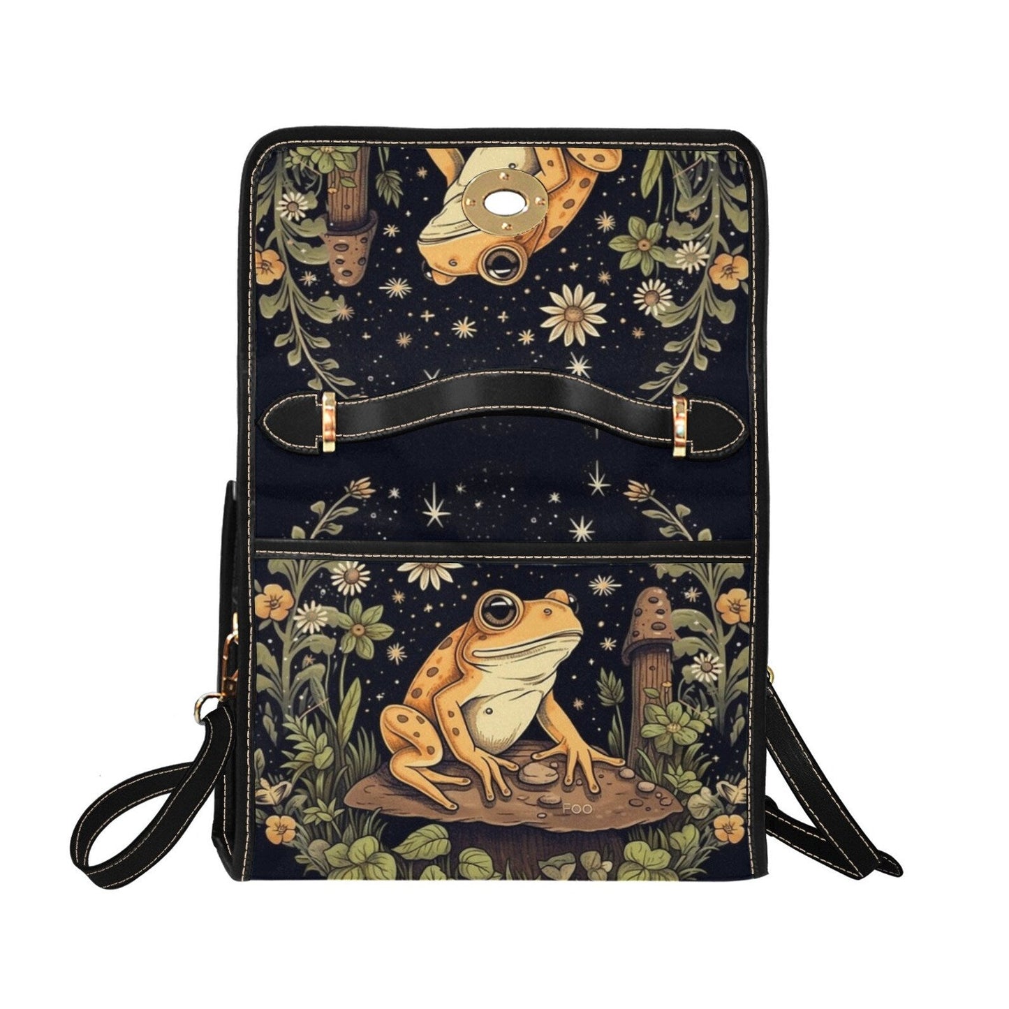 Emerald Blossoms - Goblincore Yellow Toad Green Forest Black Canvas Satchel Bag For Hippies