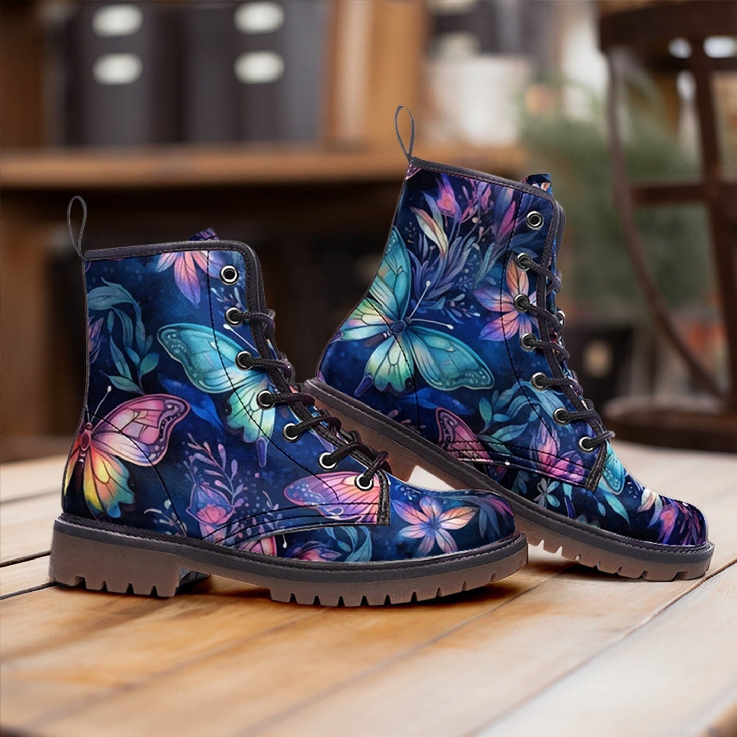 Emerald Blossoms - Butterflies Casual Vegan Leather Combat Boots For Hippies