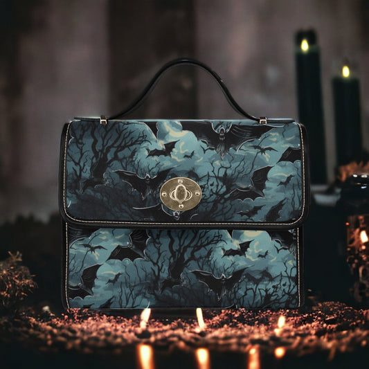 Emerald Blossoms - Dark Academia Gothic Spooky Night Flying Bats Canvas Satchel Bag