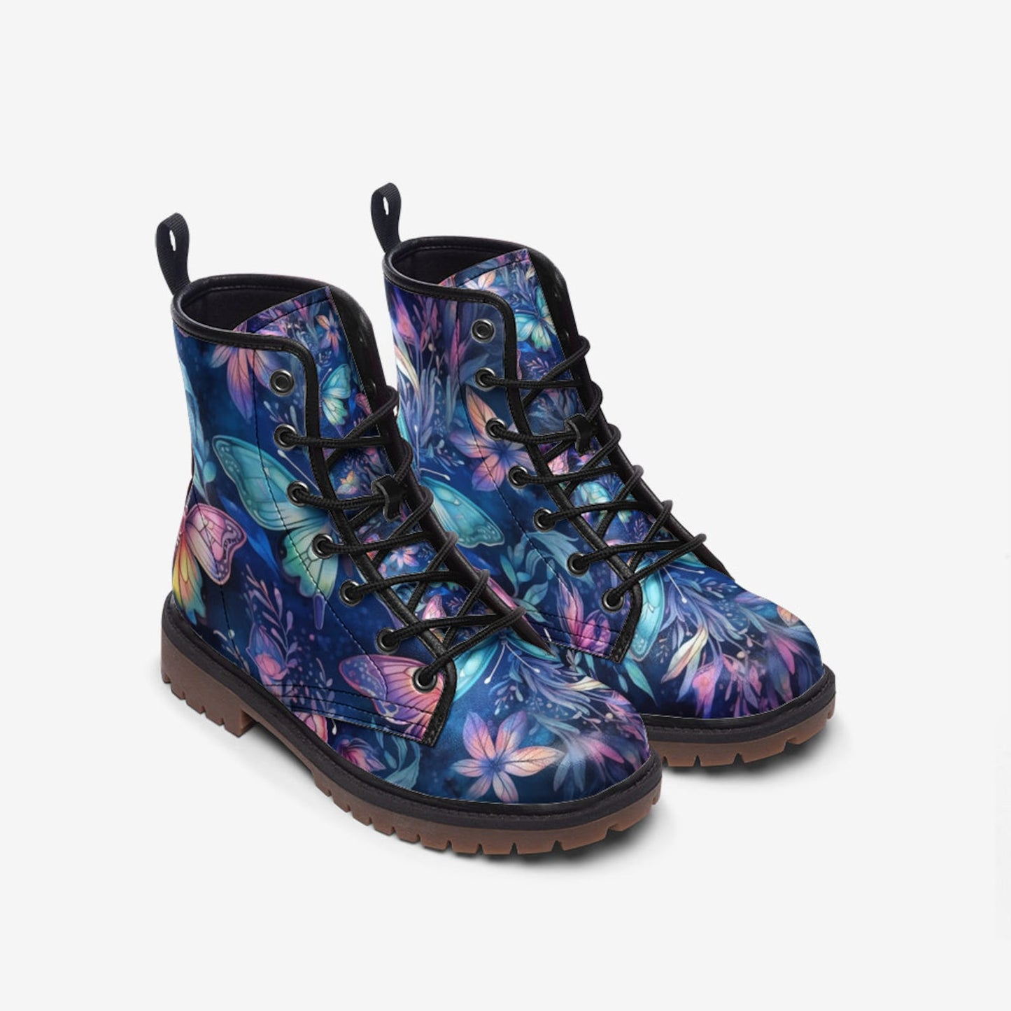 Emerald Blossoms - Butterflies Casual Vegan Leather Combat Boots For Hippies