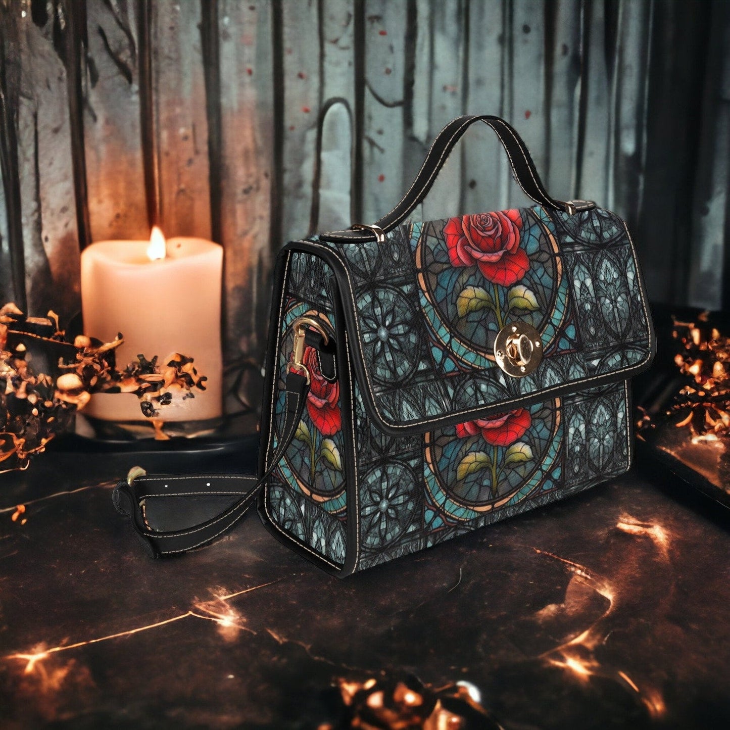 Emerald Blossoms - Gothic Teal Stained Glass Red Rose Canvas Satchel Bag For Hippies