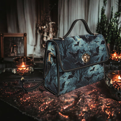 Emerald Blossoms - Dark Academia Gothic Spooky Night Flying Bats Canvas Satchel Bag