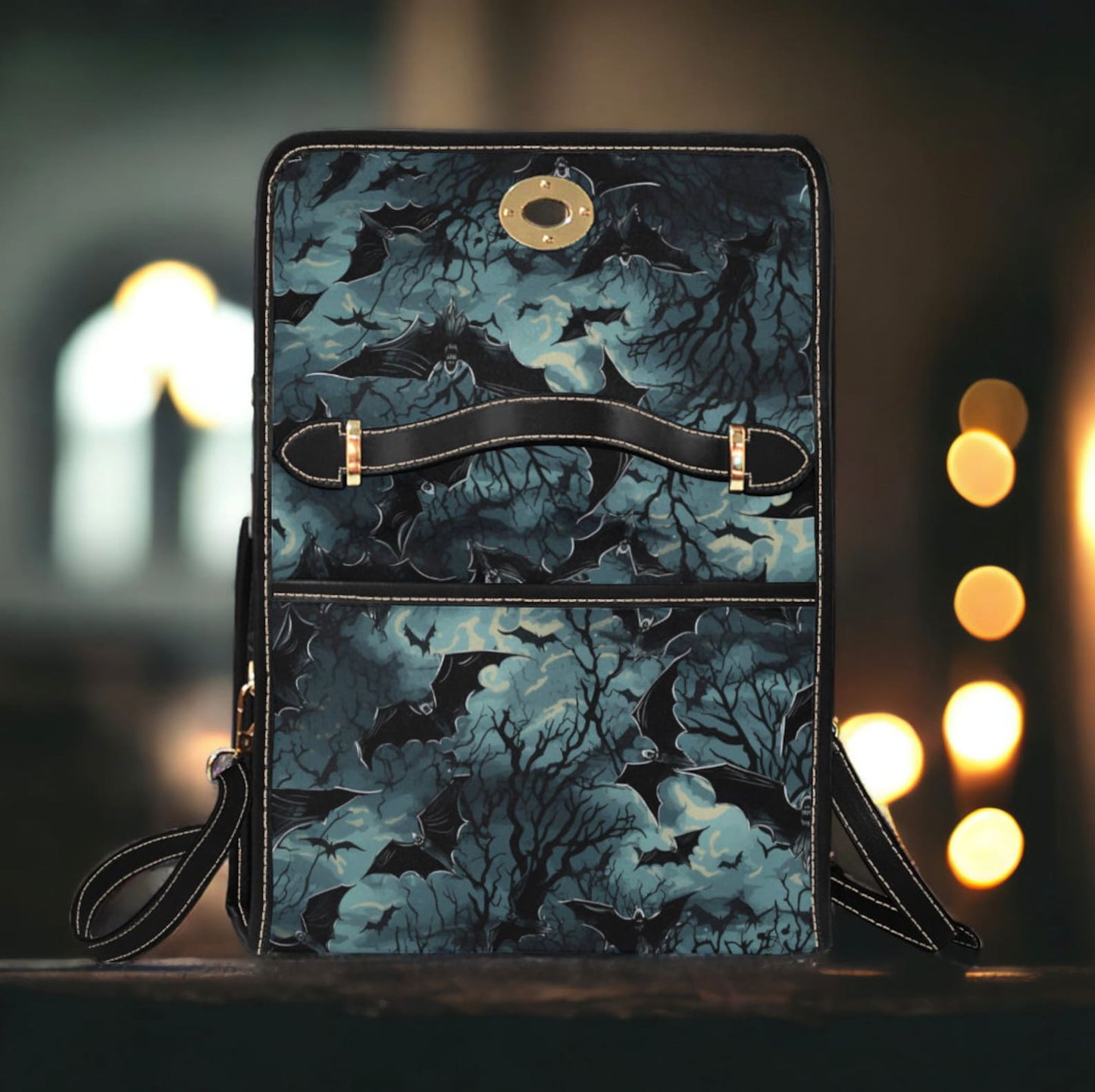 Emerald Blossoms - Dark Academia Gothic Spooky Night Flying Bats Canvas Satchel Bag