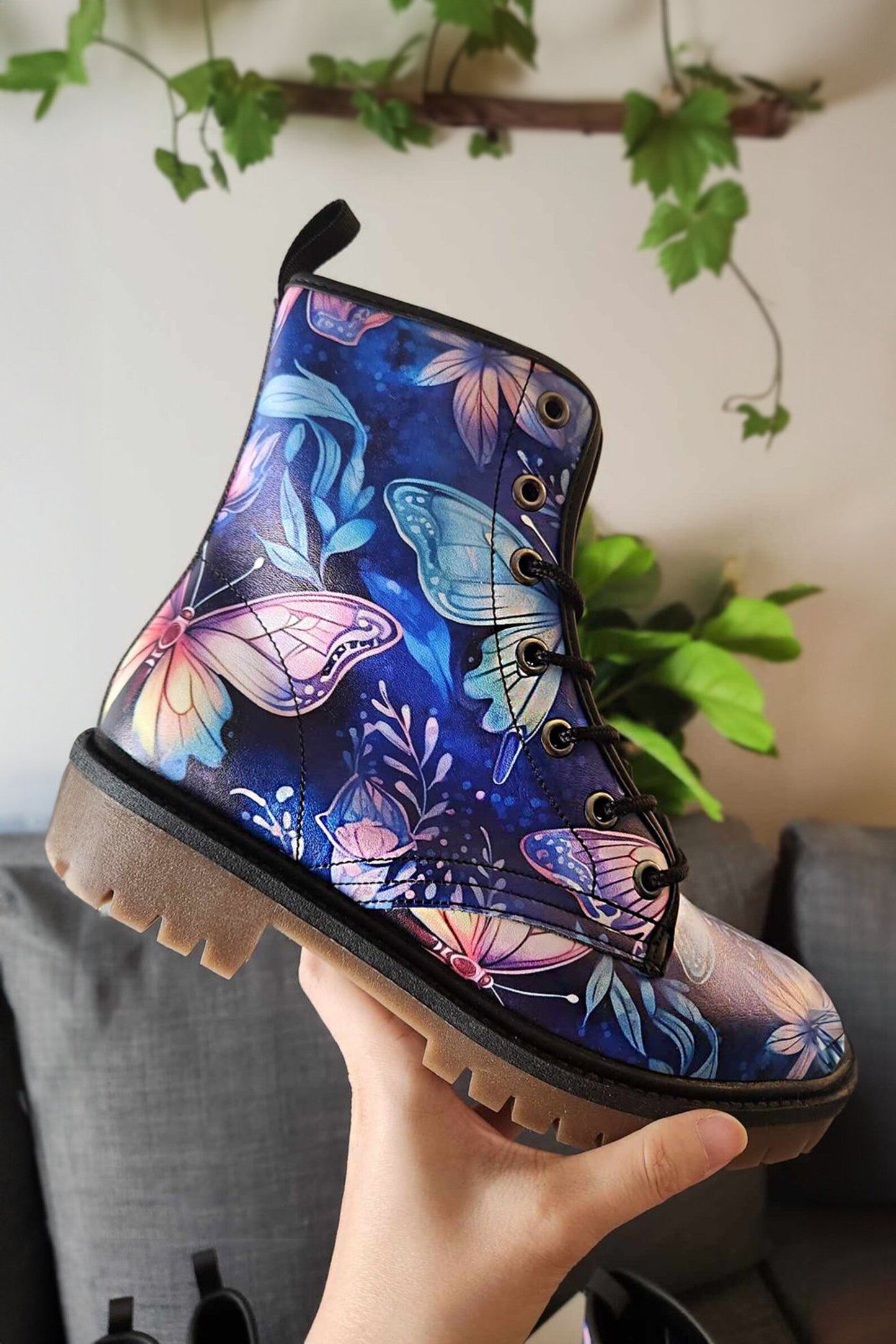 Emerald Blossoms - Butterflies Casual Vegan Leather Combat Boots For Hippies