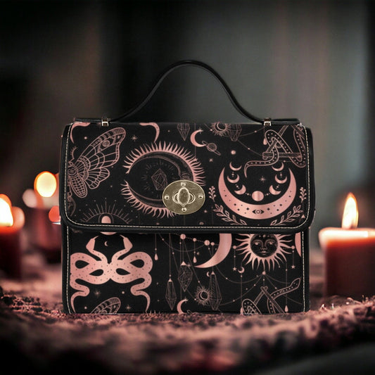 EmeraldBlossoms -  Black Pink Spiritual Snake Dark Academia Fabric Handbag.