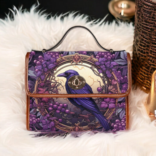 Emerald Blossoms - Cottagecore Purple Berry Forest Crow Canvas Satchel Bag For Hippies