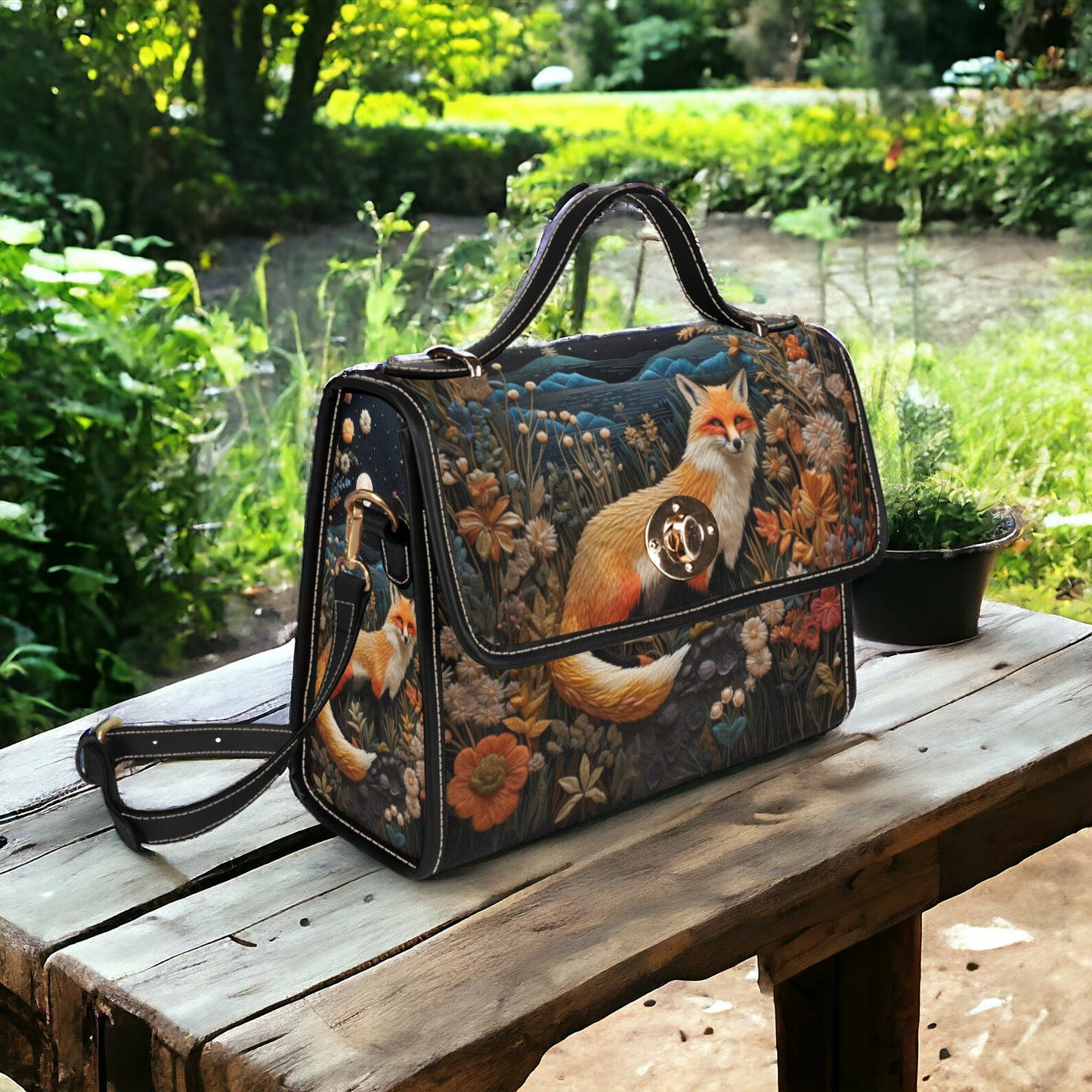 Emerald Blossoms - Faux-Embroidered Fox And Floral Handbag For Hippies