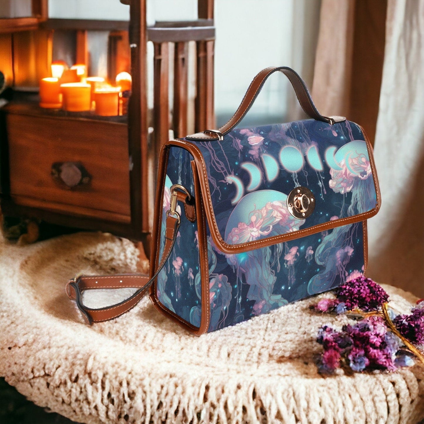 Emerald Blossoms - Witchy Neon Blue Whimsical Jellyfish Satchel Bag For Hippies