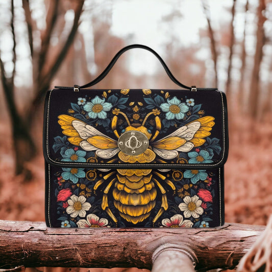 Emerald Blossoms - Retro Bee In The Forest Canvas Satchel Bag For Hippies