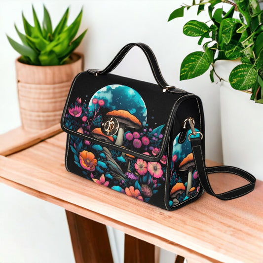 Emerald Blossoms - Magical Mushroom Cottagecore Canvas Satchel Bag For Hippies