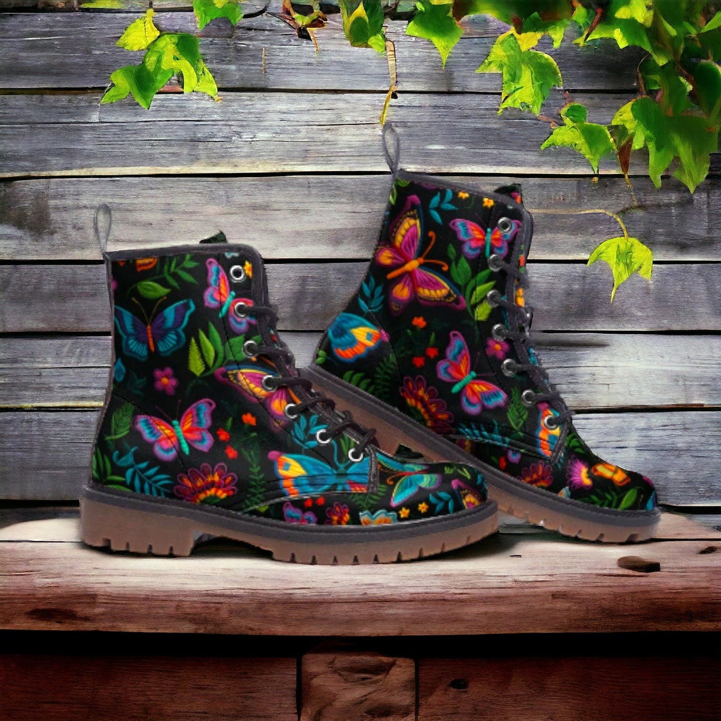 Emerald Blossoms Boots - Dark Faux-Embroidered Butterflies Boots For Hippies