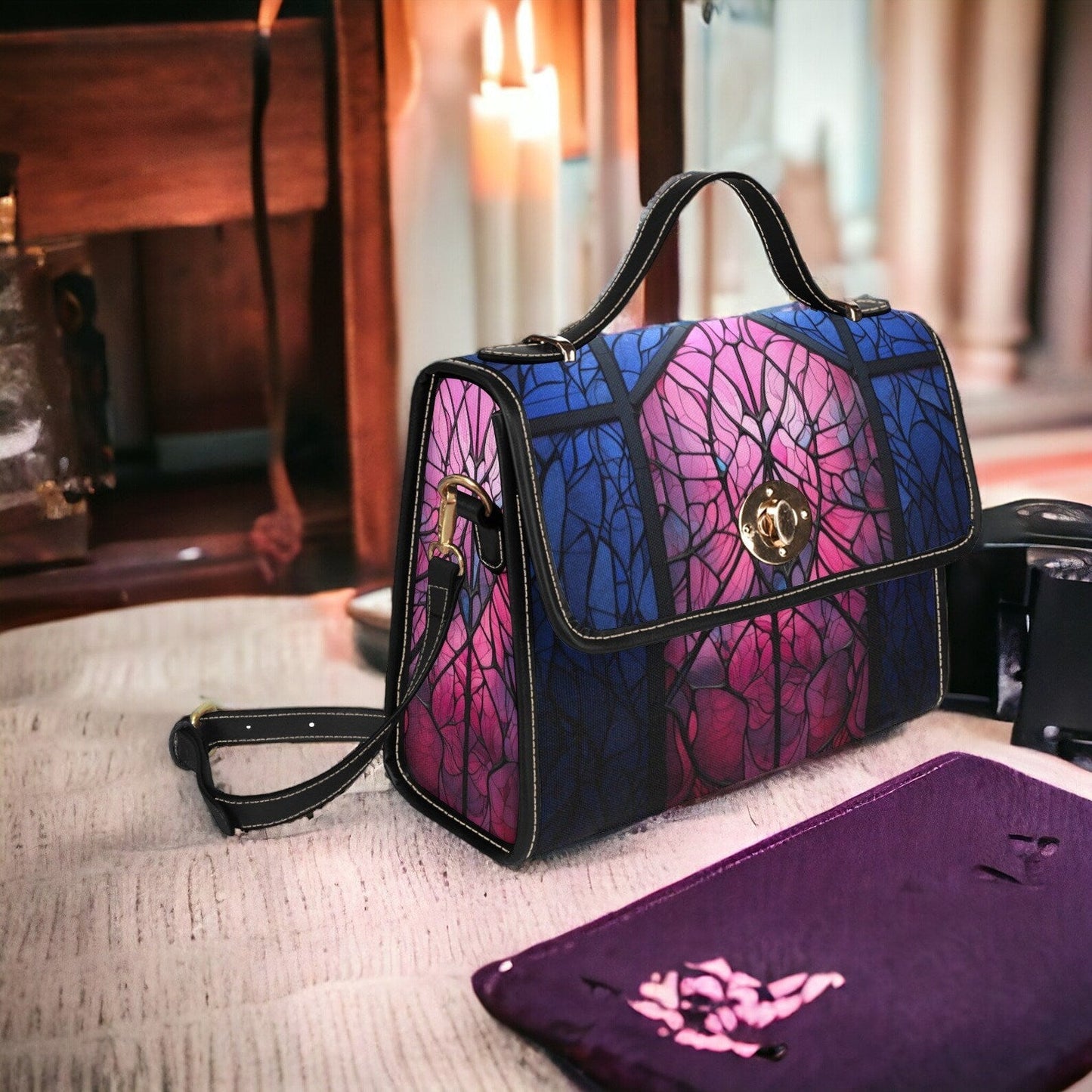 EmeraldBlossoms - Medieval Pink Blue Stained Glass Canvas Satchel Bag.