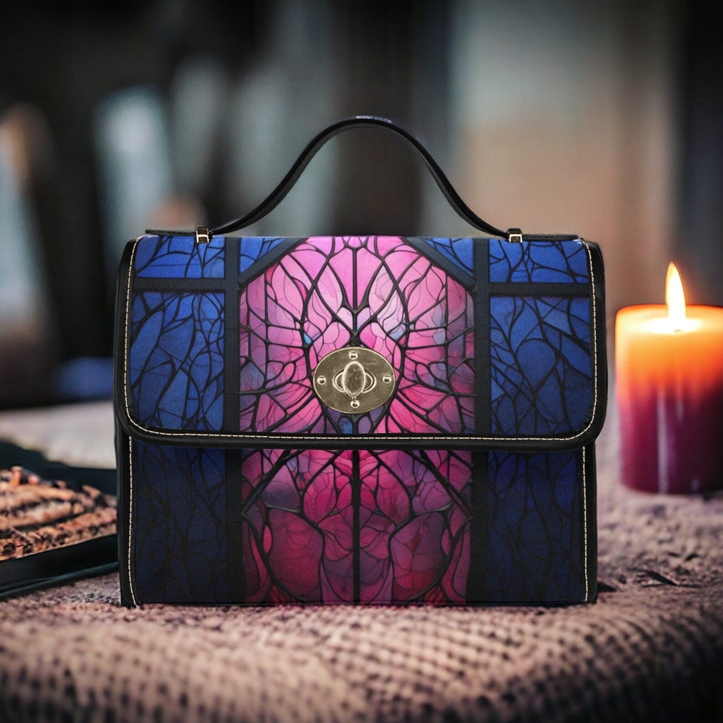 EmeraldBlossoms - Medieval Pink Blue Stained Glass Canvas Satchel Bag.