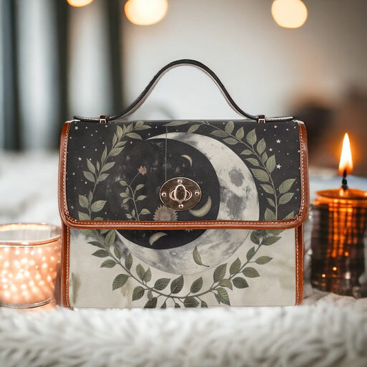 Emerald Blossoms - Dark Cottagecore Moon Ritual Celestial Canvas Satchel Bag For Hippies