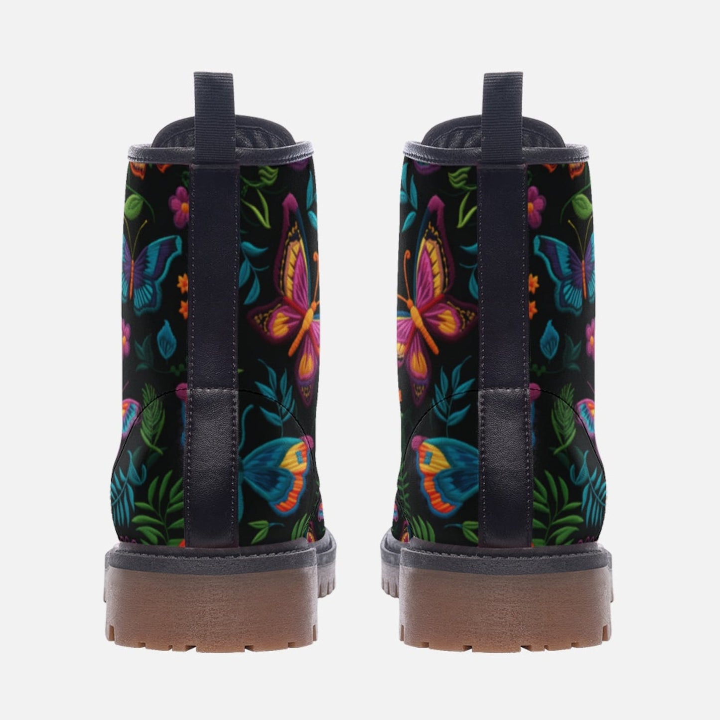 Emerald Blossoms Boots - Dark Faux-Embroidered Butterflies Boots For Hippies