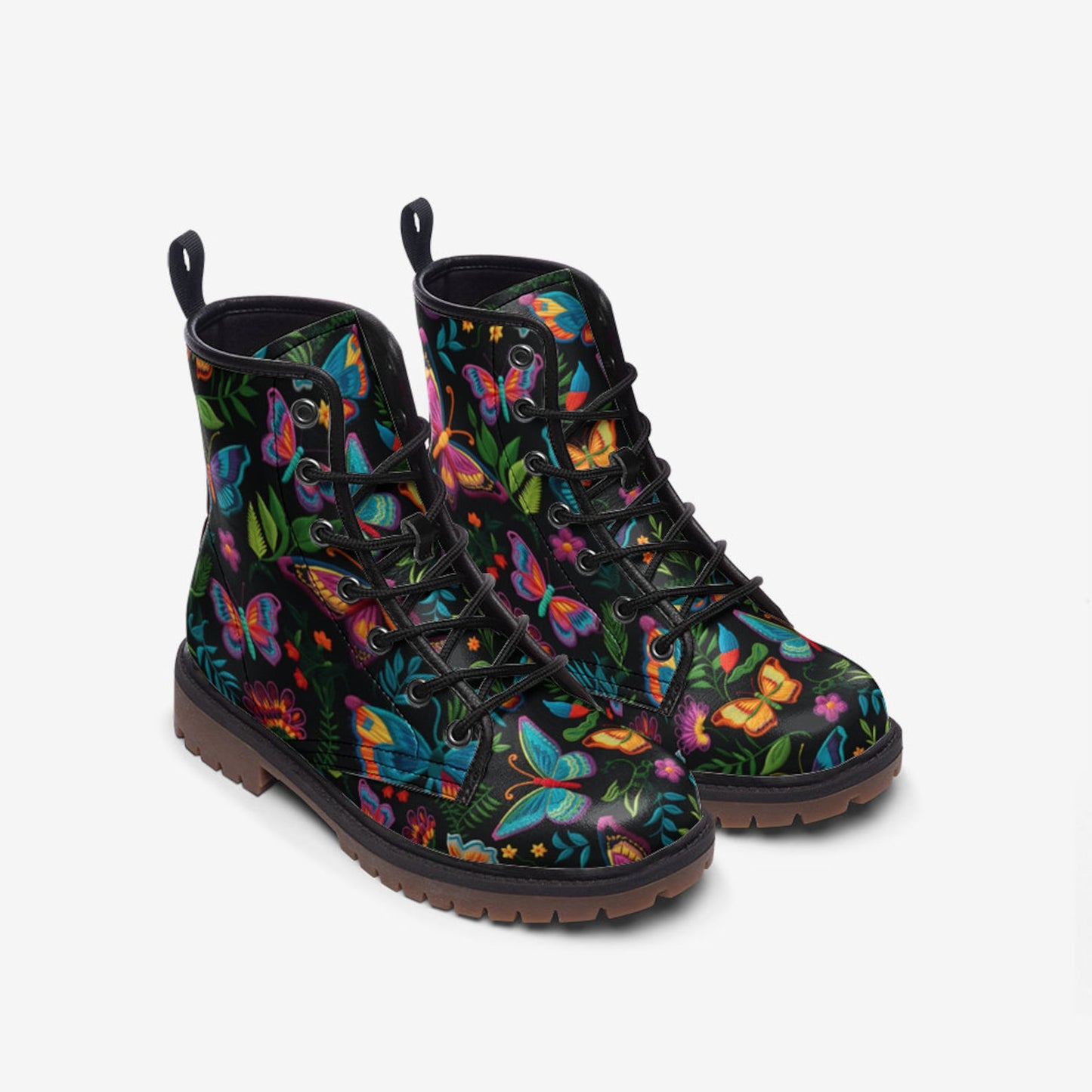 Emerald Blossoms Boots - Dark Faux-Embroidered Butterflies Boots For Hippies