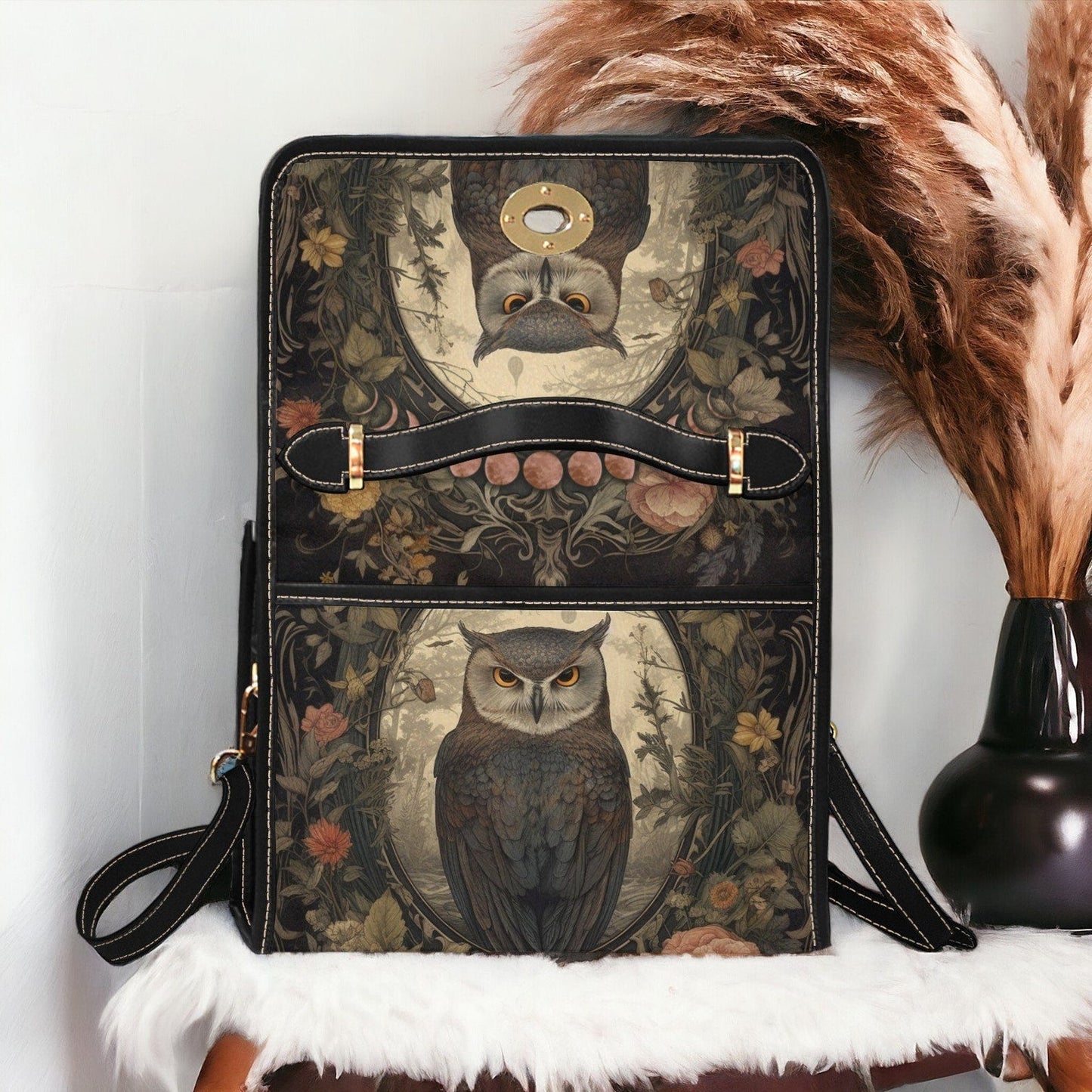 Emerald Blossoms - Owl Moon Dark Academia Canvas Satchel Bag.