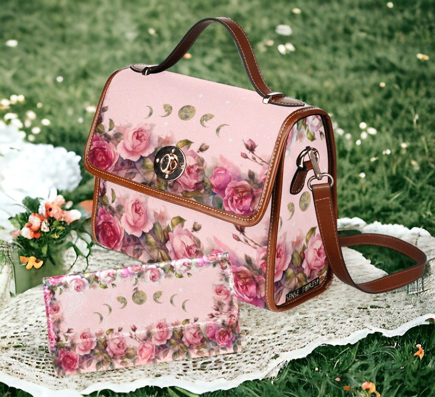 Emerald Blossoms - Cherry Pink Roses Moon Canvas Witchy Satchel Bag.