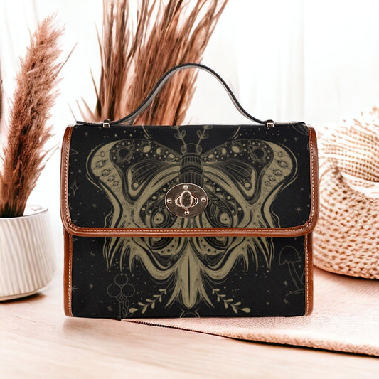 Emerald Blossoms - Witchy Moth Retro Canvas Satchel Bag, Moon Phase Mystical Purse For Hippies