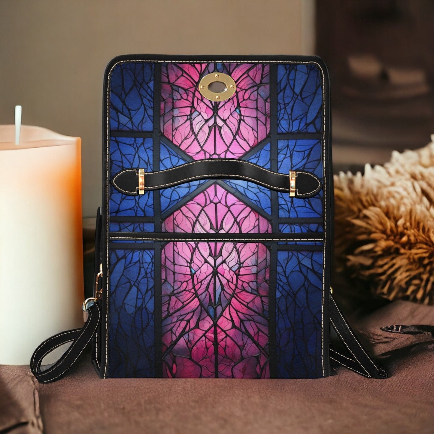 EmeraldBlossoms - Medieval Pink Blue Stained Glass Canvas Satchel Bag.