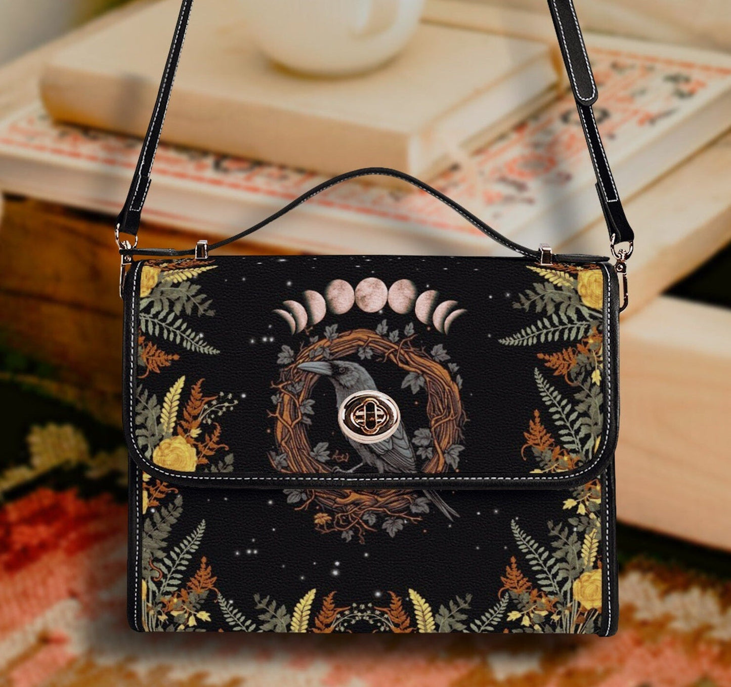 Emerald Blossoms - Witchy Raven Satchel Bag For Hippies