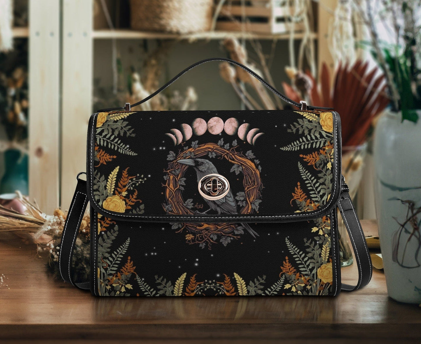 Emerald Blossoms - Witchy Raven Satchel Bag For Hippies