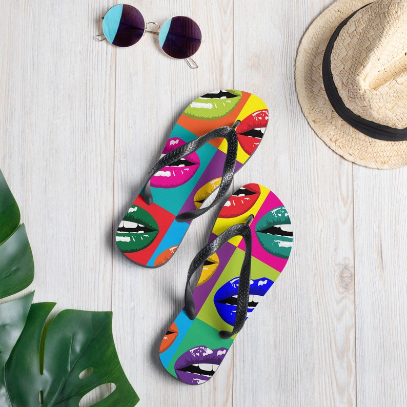 Emerald  Blossoms - Colorful Lips Pop Art Flip Flops.