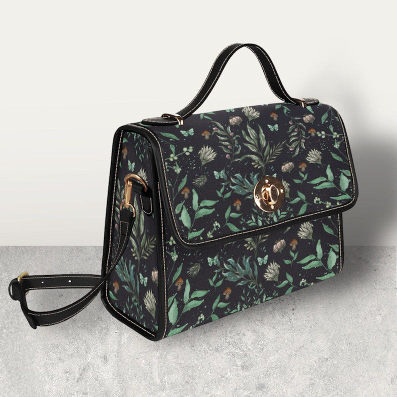 Emerald Blossoms - Forest Dark Academia Black Vegan Leather Handbag