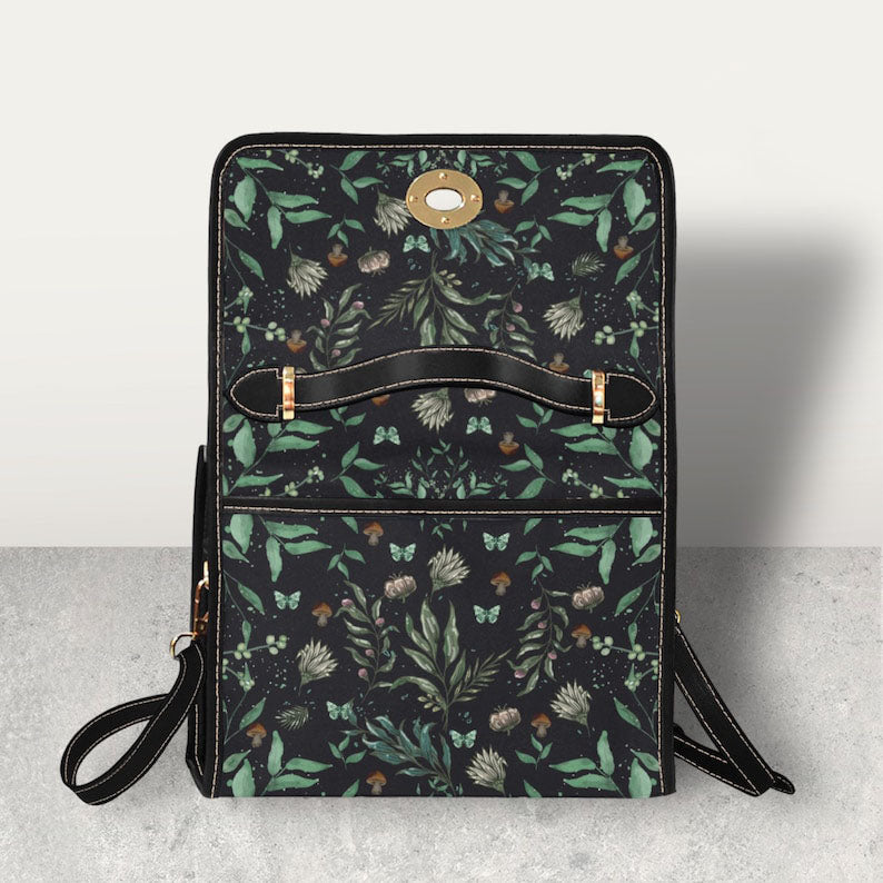 Emerald Blossoms - Forest Dark Academia Black Vegan Leather Handbag