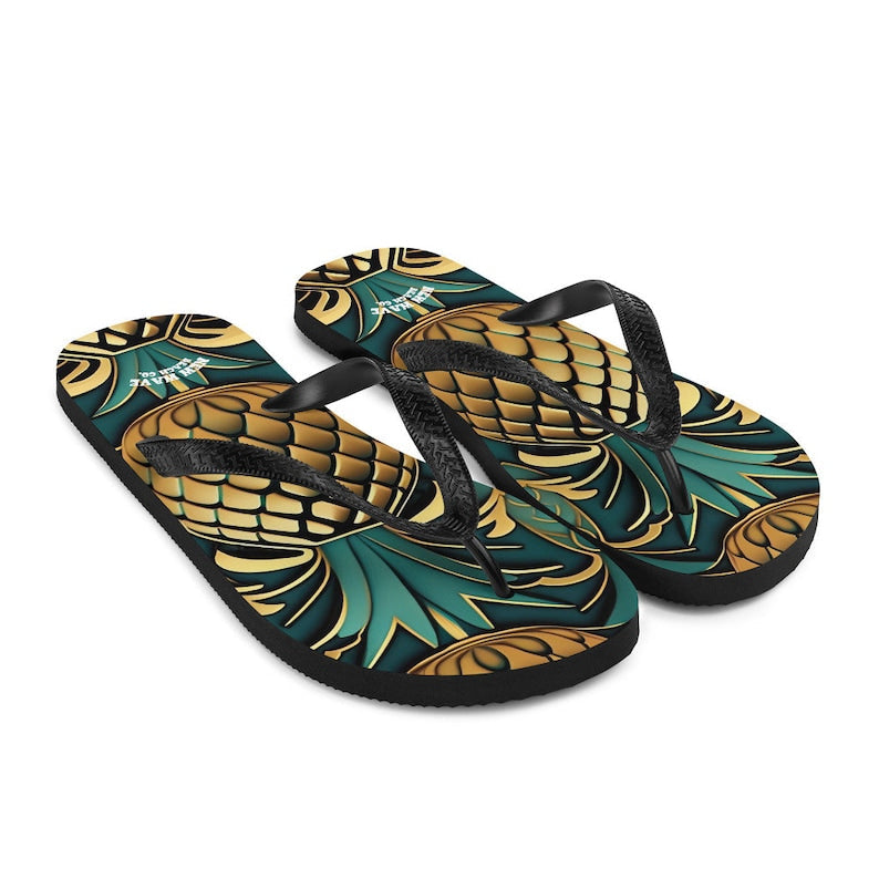 Emerald  Blossoms - Art Deco Pineapple Yellow Gold Green Funky Fruit Flip Flops Colorful.