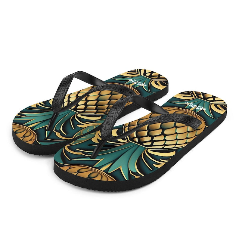 Emerald  Blossoms - Art Deco Pineapple Yellow Gold Green Funky Fruit Flip Flops Colorful.