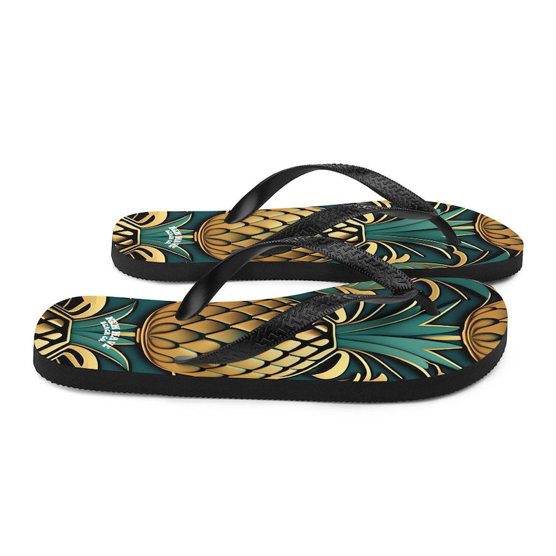 Emerald  Blossoms - Art Deco Pineapple Yellow Gold Green Funky Fruit Flip Flops Colorful.