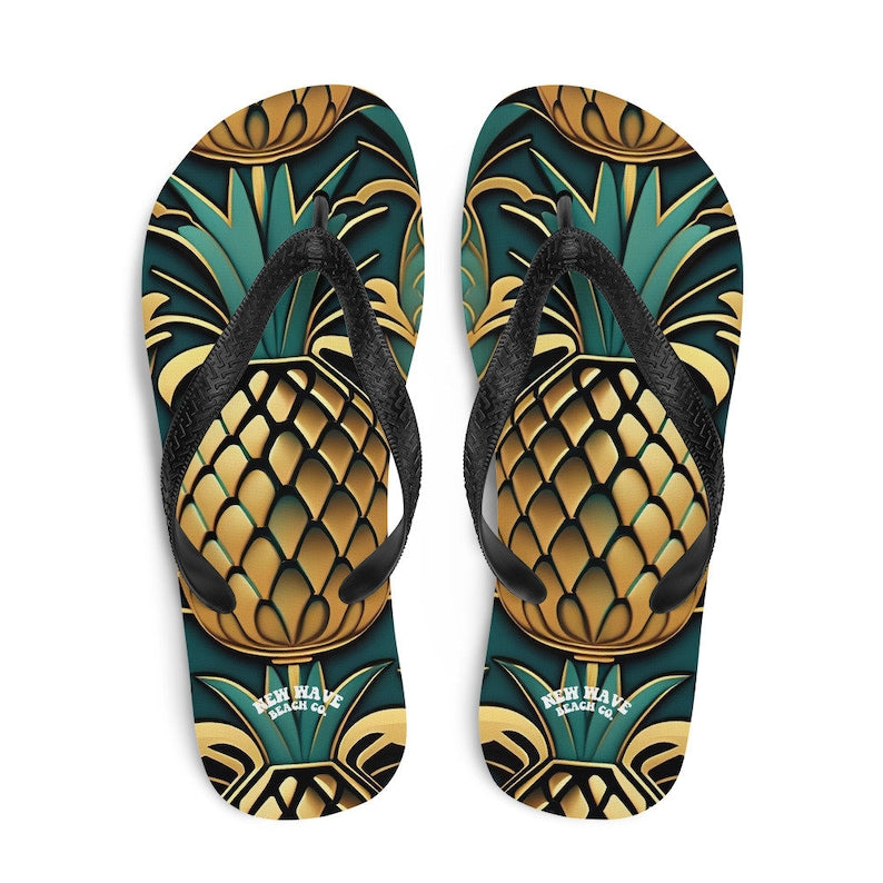 Emerald  Blossoms - Art Deco Pineapple Yellow Gold Green Funky Fruit Flip Flops Colorful.