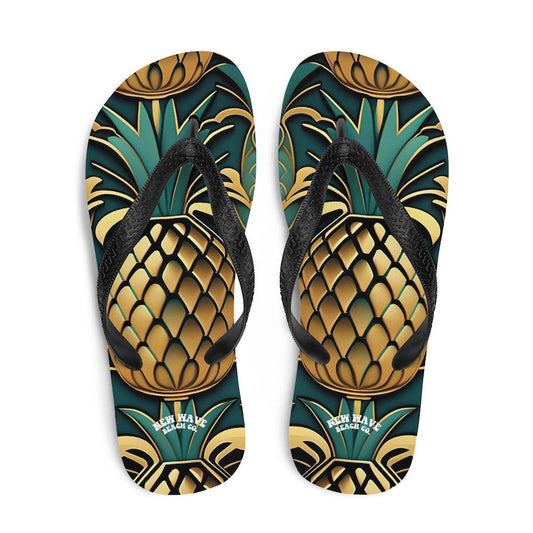 Emerald  Blossoms - Art Deco Pineapple Yellow Gold Green Funky Fruit Flip Flops Colorful.