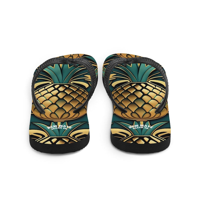 Emerald  Blossoms - Art Deco Pineapple Yellow Gold Green Funky Fruit Flip Flops Colorful.