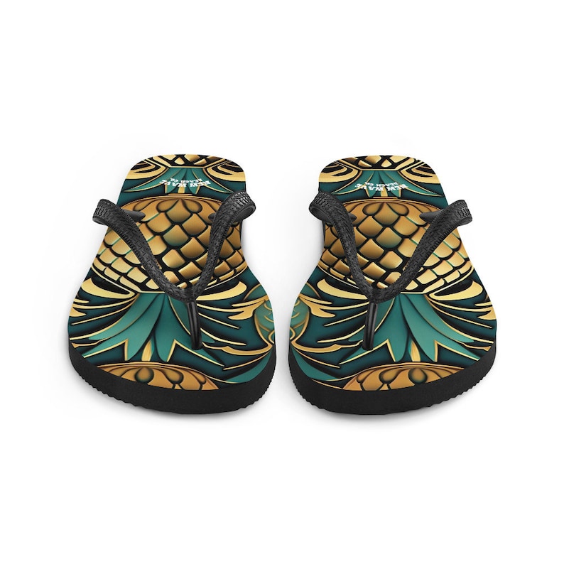 Emerald  Blossoms - Art Deco Pineapple Yellow Gold Green Funky Fruit Flip Flops Colorful.