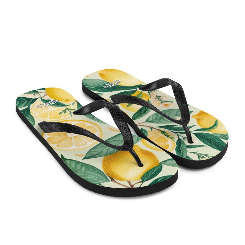 Emerald  Blossoms - Summertime Lemon Fruit Flip Flops Springtime Colorful.