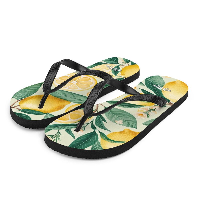 Emerald  Blossoms - Summertime Lemon Fruit Flip Flops Springtime Colorful.