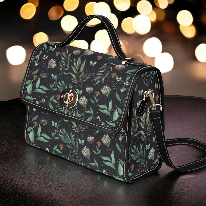 Emerald Blossoms - Forest Dark Academia Black Vegan Leather Handbag