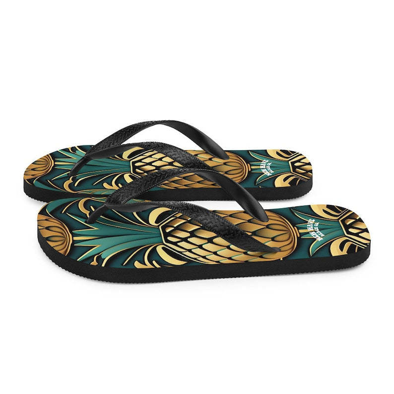 Emerald  Blossoms - Art Deco Pineapple Yellow Gold Green Funky Fruit Flip Flops Colorful.