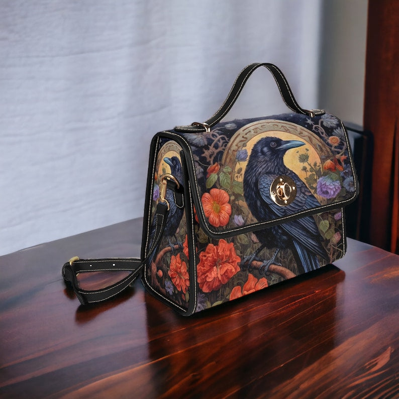 Emerald Blossoms - Dark Cottage Goth Witchy Crow and Floral Satchel Bag