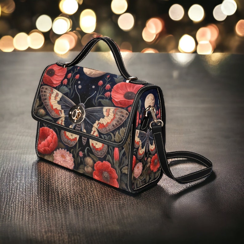 Emerald Blossoms - Dark Cottage Goth Witchy Butterfly and Poppies Satchel Bag For Hippies