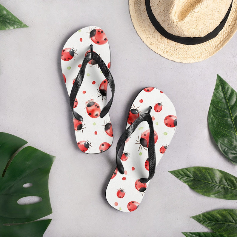 Emerald  Blossoms - Ladybug Flip Flops.