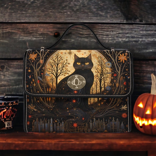 Emerald Blossoms - Cottagecore Black Witchy Cat Halloween Handbag