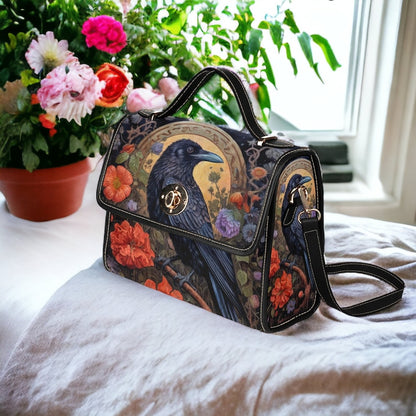 Emerald Blossoms - Dark Cottage Goth Witchy Crow and Floral Satchel Bag