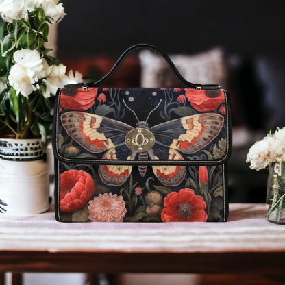 Emerald Blossoms - Dark Cottage Goth Witchy Butterfly and Poppies Satchel Bag For Hippies