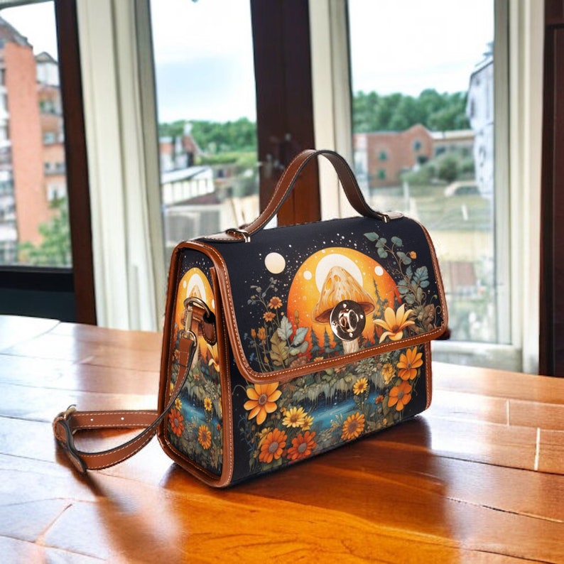 Emerald Blossoms - Dark Mushroom Forest Canvas Satchel Bag