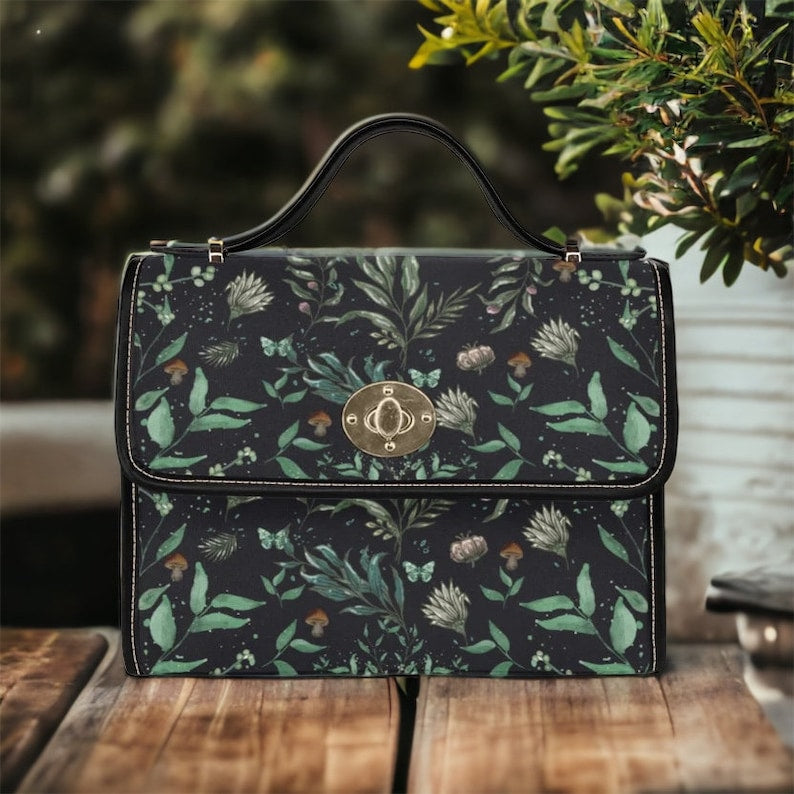 Emerald Blossoms - Forest Dark Academia Black Vegan Leather Handbag