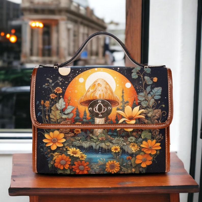 Emerald Blossoms - Dark Mushroom Forest Canvas Satchel Bag