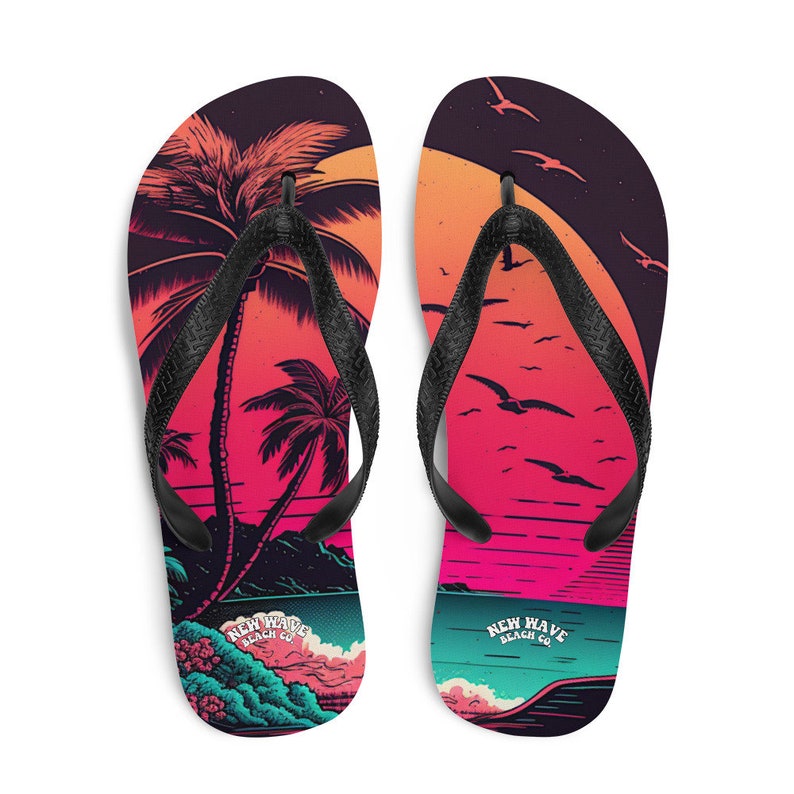 Emerald  Blossoms - Pink Palm Beach Sunset Flip Flops Colorful